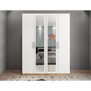 Bevel 4 Kapaklı Gizli Çekmeceli Gardırop Dolap Çam Beyaz 140 Cm Montaj Dahil