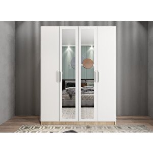 Bevel 4 Kapaklı Gizli Çekmeceli Gardırop Dolap Meşe Beyaz 140 Cm Montaj Dahil