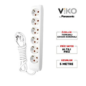 | Altılı Grup Priz, Topraklı - Çocuk Korumalı Çoğaltıcı Priz  6'lı, 5 M, Beyaz