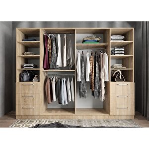 Zeren 6 Kapaklı 6 Çekmeceli Gardırop Dolap Meşe 240 Cm Montaj Dahil