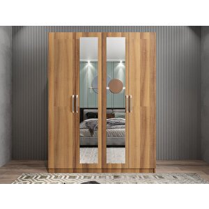 Bevel 4 Kapaklı Gizli Çekmeceli Gardırop Dolap Ceviz 140 Cm Montaj Dahil