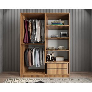 Bevel 4 Kapaklı Gizli Çekmeceli Gardırop Dolap Ceviz 140 Cm Montaj Dahil