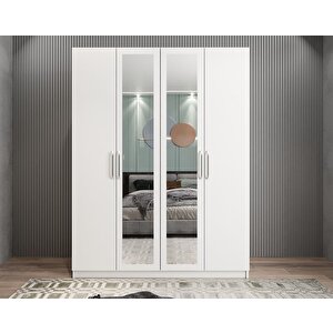 Bevel 4 Kapaklı Gizli Çekmeceli Gardırop Dolap Beyaz 140 Cm Montaj Dahil