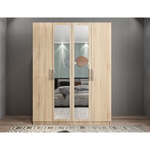 Bevel 4 Kapaklı Gizli Çekmeceli Gardırop Dolap Meşe 140 Cm Montaj Dahil