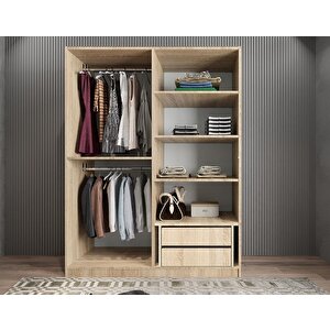 Bevel 4 Kapaklı Gizli Çekmeceli Gardırop Dolap Meşe 140 Cm Montaj Dahil