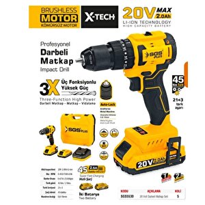 Sgs Akülü Darbeli Matkap Seti 20 Volt - 2 Amper Sgs5530 Kömursuz Motor