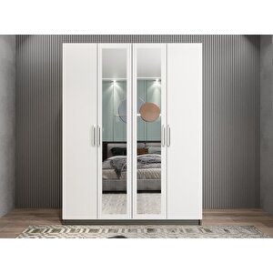 Bevel 4 Kapaklı Gizli Çekmeceli Gardırop Dolap Füme Beyaz 140 Cm Montaj Dahil
