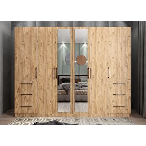 Zeren 6 Kapaklı 6 Çekmeceli Gardırop Dolap Çam 270 Cm Montaj Dahil