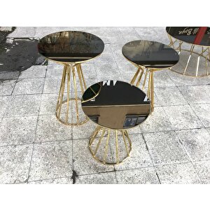 Brc Cadde 12417 Model Zigon Sehpa Tk Siyah Düz Temper Cam Metal Altın Kaplam Ayak