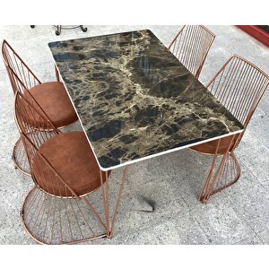 Masa Tel Sandalye 12478 Tk Metal Rose Renk Kaplama Siyah Mermer Renk Tabla Elyapı