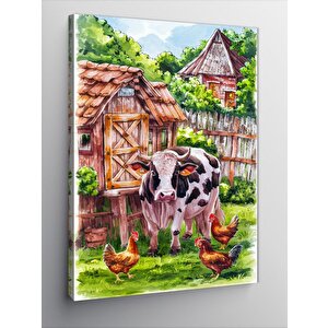 Kanvas Tablo Tavuklar Ve İnek 100x140 cm