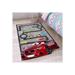 Eğitici Yol Yarış Kırmızı Şimşek Araba Desenli Çocuk Odası Halısı 80x150 cm