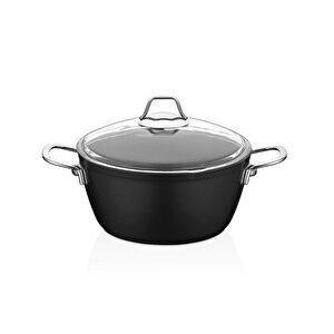 Dark Granit Derin Tencere Cam Kapaklı Yanmaz Yapışmaz Titanyum Kaplama   - 22 Cm