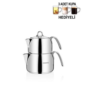 Maxi Çaydanlık Takımı 3 Adet Cam Kupa Hediyeli