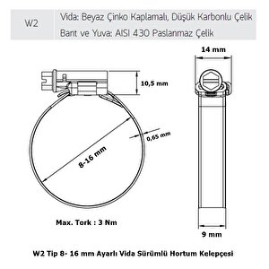 Mikalor 200 Adet W2 Hortum Kelepçesi 8-16 Mm 430 Paslanmaz