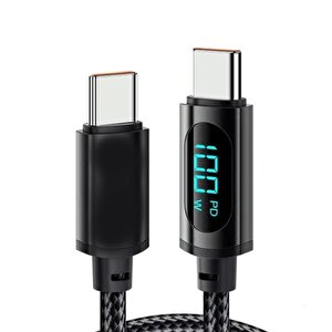 Schitec Pd100w 5a Type-c To Type-c Dijital Göstergeli Örgülü Hızlı Şarj Data Kablosu Siyah