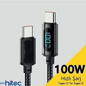 Schitec Pd100w 5a Type-c To Type-c Dijital Göstergeli Örgülü Hızlı Şarj Data Kablosu Siyah
