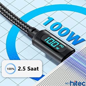 Schitec Pd100w 5a Type-c To Type-c Dijital Göstergeli Örgülü Hızlı Şarj Data Kablosu Siyah