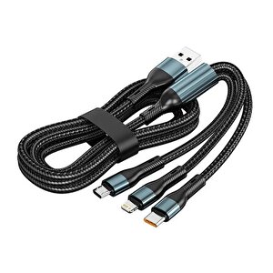Schitec 3in1 Lightning, Type-c, Micro Çıkışlı Örgülü Hızlı Data Ve Şarj Kablosu 1.2m Siyah