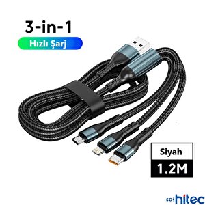 Schitec 3in1 Lightning, Type-c, Micro Çıkışlı Örgülü Hızlı Data Ve Şarj Kablosu 1.2m Siyah