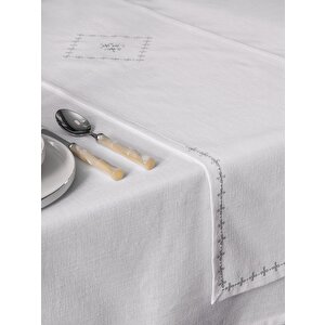 Keten Masa Örtüsü Takımı Pera Beyaz 175x240