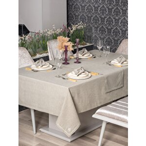 Keten Masa Örtüsü Takımı Pera Toprak 175x240