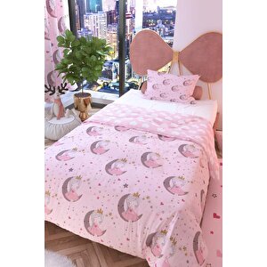 Ay Kız Avize Ve Çift Taraflı Çocuk Nevresim Takımı 160x220 Cm Pudra Set