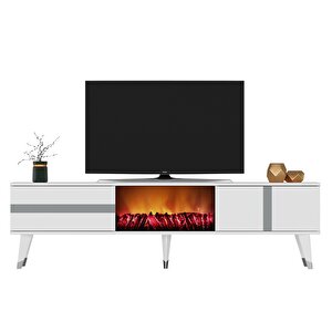 Vannia Şömineli  Tv Sehpası  (alt Modül) Beyaz-Gümüş Beyaz-Gümüş