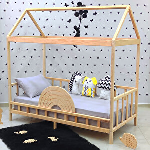 Çatılı Montessori Yatak Bebek Yatak Doğal Çam Çocuk Karyola 60x120 cm
