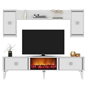 Dorruk Şömineli Tv Ünitesi Takımı Beyaz-Gümüş Beyaz-Gümüş