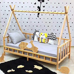 Motosikletli Montessori Yatak Doğal Çam Ağacı Çocuk Karyola 80x130 cm