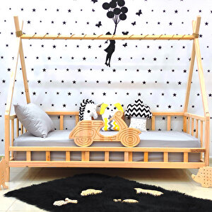 Motosikletli Montessori Yatak Doğal Çam Ağacı Çocuk Karyola 120x200 cm