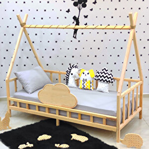 Montessori Yatak Doğal Çam Karyola Bulut Korumalı Çocuk Yatak 100x200 cm