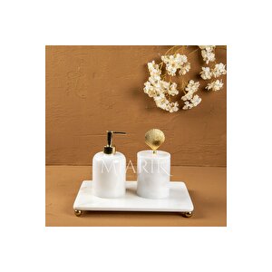 Dekorati̇f Beyaz Mermer Aksesuar Detayli 3 Lu Banyo Seti̇ Takimi