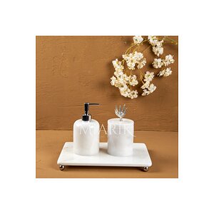 Dekorati̇f Beyaz Mermer Aksesuar Detayli 3 Lu Banyo Seti̇ Takimi