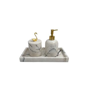 Dekoratif Leylak Mermer Altın Gold Kuğu Detaylı Dikdortgen Tepsı 3 Lu Banyo Seti Takımı