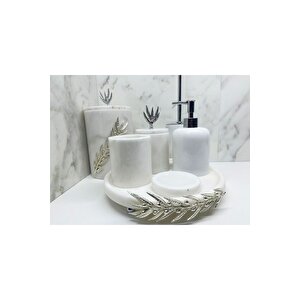 Dekoratif Beyaz Mermer Gümüş Zeytin Dalı Detaylı 7 Li Banyo Seti Takımı