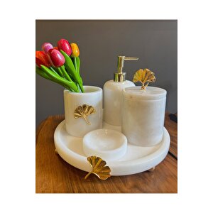 Dekoratif Beyaz Mermer Altın Çiçek Detaylı 5 Li Banyo Seti Takımı