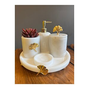 Dekoratif Beyaz Mermer Altın Çiçek Detaylı 5 Li Banyo Seti Takımı