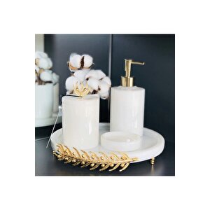 Dekoratif Beyaz Mermer Altın Zeytin Dalı Detaylı 5'li Banyo Seti Takımı