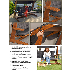 VİVA 2200 FSC Mix Credit 3 Kişilik Kanepe Olma Özellikli Ahşap Bahçe Balkon Teras Salıncağı/Antrasit