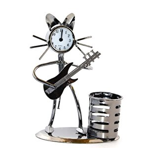 Kedi Masa Saati Ve Kalemlik, Metal, 17x12 Gümüş