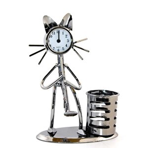 Kedi Masa Saati Ve Kalemlik, Metal, 17x12 Gümüş