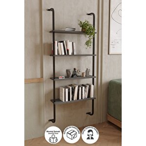 4 Raflı Duvara Monte Kitaplık Dekoratif Kitaplık Antrasit
