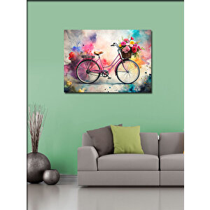 Kanvas Tablo Pembe Retro Bisiklet Ve Çiçekler 70x100 cm