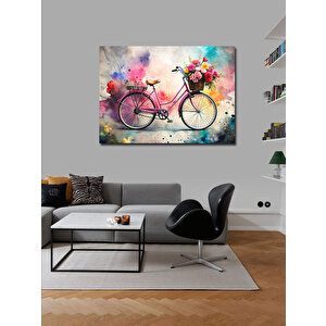 Kanvas Tablo Pembe Retro Bisiklet Ve Çiçekler 70x100 cm