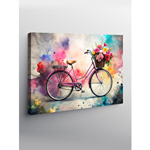 Kanvas Tablo Pembe Retro Bisiklet Ve Çiçekler 100x140 cm