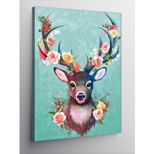 Kanvas Tablo Boynuzları Çiçekli Sevimli Geyik 100x140 cm