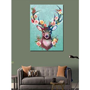 Kanvas Tablo Boynuzları Çiçekli Sevimli Geyik 100x140 cm
