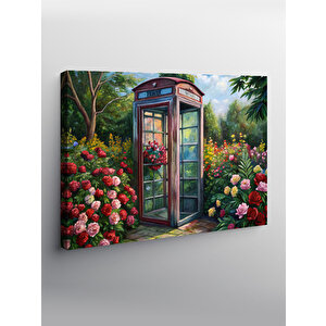 Kanvas Tablo Kırmızı Telefon Kulübesi Ve Çiçekler 100x140 cm